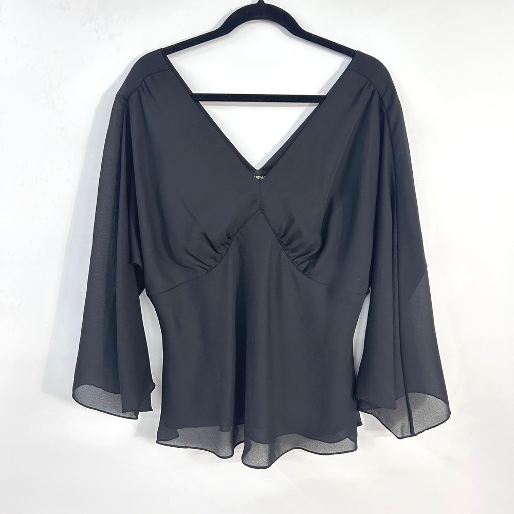 Black Chiffon Whimsigoth Bell Sleeve V-Neck Empire Blouse 14/16 Dark Romantic